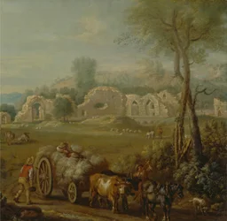Charrette de foin passant devant une abbaye en ruine